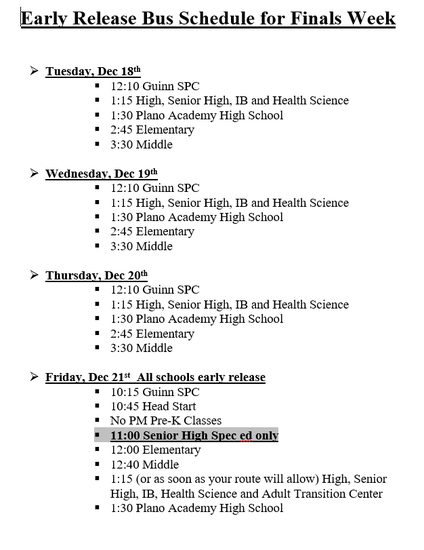 PWSH Bus Schedule for Exam Week PWSH Bus Schedule for Exam Week